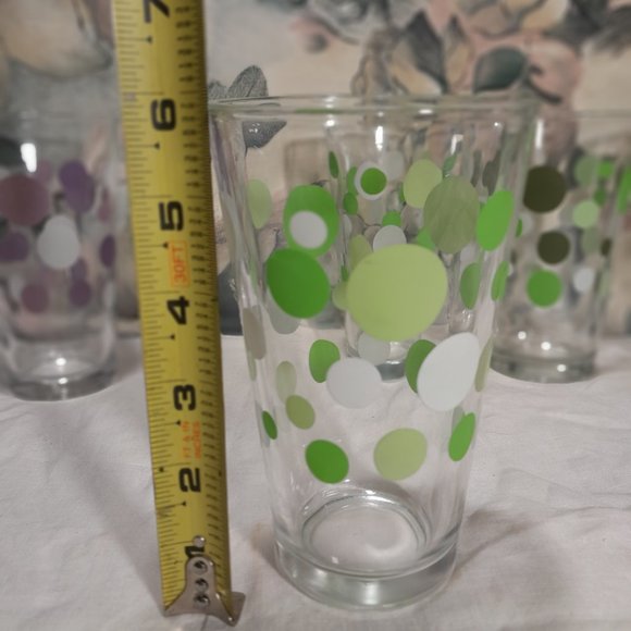 Set of Six Vintage Libbey Polka Dot Drinking Glasses - Green and Purple - 16oz - Picture 7 of 8
